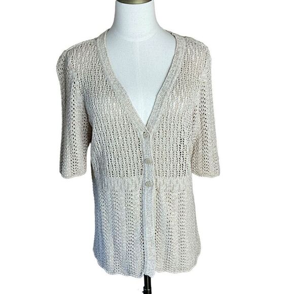 Christopher & Banks Womens Medium Cardigan Sweater Beige Open Weave Buttons - Picture 1 of 14